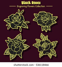 Vector Black Roses Set Engraving Flowers Collection