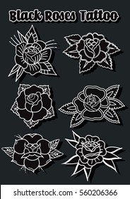 Vector Black Roses Set Traditional Tattooing Art Flowers Stickers