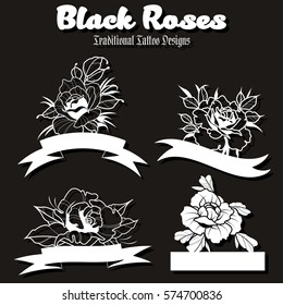 Vector Black Roses Set Traditional Tattoo Designs Engraving Style