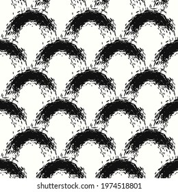 Vector Black Rough Ethnic Semi Circle Wave Brush Stroke Lines Seamless Pattern On White