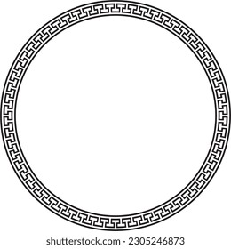 Vector black round monochrome frame, border, classic greek meander ornament. Patterned circle, ring of Ancient Greece and the Roman Empire.
