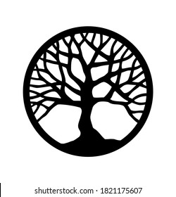 Vector Black Round Tree Outline Silhouette Drawing Illustration In Circle.Tree Of Life.Family Tree Logo Icon Sign Isolated On White Background.T Shirt Print Design.