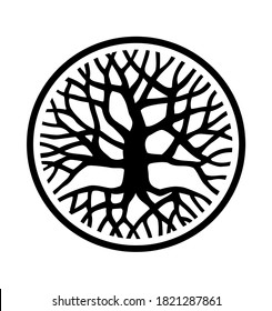 Vector Black Round Tree With Roots And Branches Outline Silhouette Drawing Illustration In Circle Isolated On White Background.Tree Of Life.Family Tree Logo Icon Sign Design.T Shirt Print.Wall Decal.