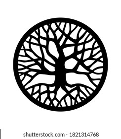Vector black round tree with roots and branches outline silhouette drawing illustration isolated on white background.Tree of Life.Family tree logo icon sign design in circle.Tattoo.Sticker.Print decor