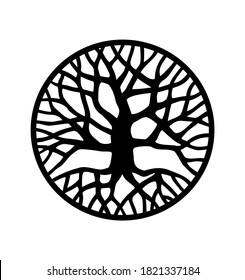 Vector Black Round Tree With Roots And Branches Outline Silhouette Drawing Illustration In Circle Isolated On White Background.Tree Of Life.Family Tree Logo Icon Sign Design.Tattoo.Sticker.Print .