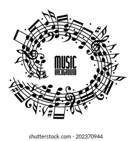 Vector black rounded stave with musical notes on white background, decorative musical notation.