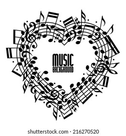 Vector black rounded stave with musical notes on white background, decorative heart shaped musical notation.