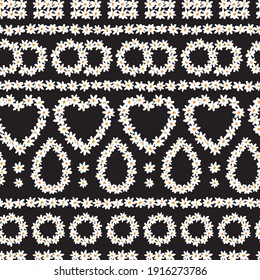 Vector black rows fun daisy chain flowers shapes repeat pattern. Suitable for textile, gift wrap and wallpaper.
