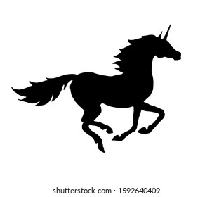 Vector black running unicorn silhouette isolated on white background