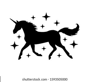 Vector black running unicorn silhouette with stars isolated on white background