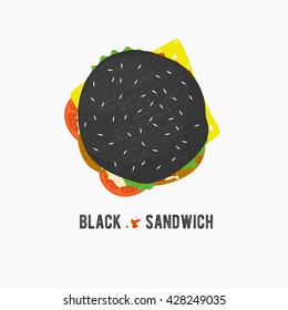 Vector black sandwich icon. Fresh hamburger with lettuce, cheese and tomatoes. Burger logo illustration. Street food. Toast in flat style.Top cheeseburger.