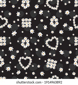 Pequeñas y divertidas flores de la cadena de margarita de color negro vectorial formas de repetición de patrón con fondo de puntos de polka gris. Adecuado para textiles, envolvimiento de regalo y papel pintado.