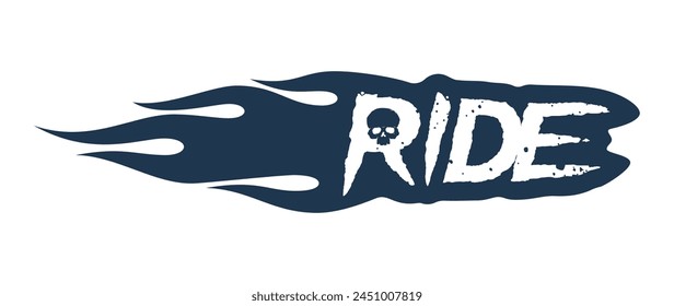 Vector black scratched and distorted RIDE text with flames and skull. Isolated on white background