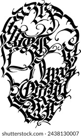 Vector black scull isolated on white. Hand drawn by abstract gothic letters. Monochrome element for design tattoo, t-shirt print, halloween decorations.