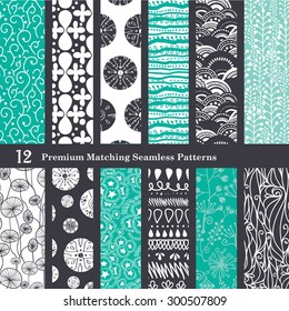 Vector Black Sea Foam Green 12 Set Seamless Patterns