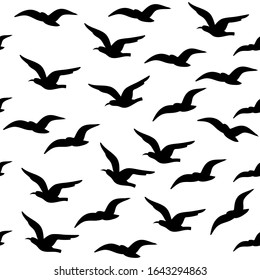 Vector black seagulls on a white seamless pattern background