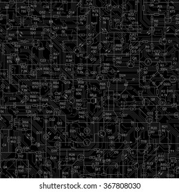 Vector black seamless background of electrical circuit of radio device (resistance, transistor, diode, capacitor, inductor).