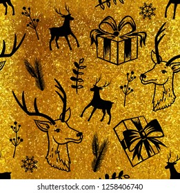 Vector black seamless pattern on a gold glittering textured background. Merry Christmas and New Year wrapping paper. Deer needles gift mistletoe and other Christmas symbols illustrations