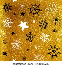 Vector black seamless pattern with snowflakes and fireworks on a gold glittering textured background. Merry Christmas and New Year wrapping paper