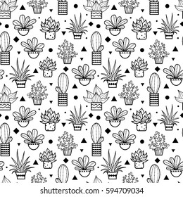 Vector Black Seamless Repeat Pattern With Growing Succulents and Cacti In Pots. Trendy tropical design for textile, fabric, packaging, backdrops, wallpaper.