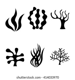 Vector black seaweed icons set on white background. Coral silhouettes