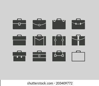 Vector black set of briefcase icons. Distinguishable form of luggage with shiny clamp, lock, buttons and straps. Silhouette suitcase for office workers, scholars, businessmen, students.