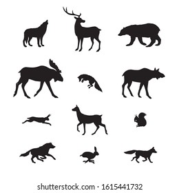 Vector black set bundle of forest wild animals silhouette isolated on white background
