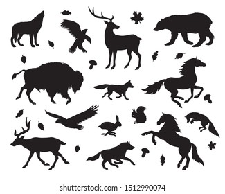 Vector black set bundle of wild American animals silhouette isolated on white background