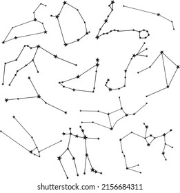 Vector black set of constellation with stars. Hand painted abstract elements isolated on white background. Minimalistic linear illustration for design, print, fabric or background.