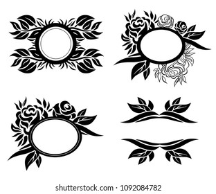 Vector black set of decorative frames from leafs and plants. Floral design.