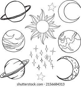 Vector black set of planets, sun and moon signs. Hand painted abstract elements isolated on white background. Minimalistic linear illustration for design, print, fabric or background.