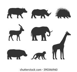 Vector black set of silhouettes african animals. Figure dromedary, gorilla and lion.