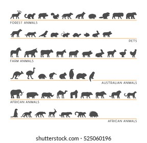 Vector Black Set Of Silhouettes Pets, Forest And Farm Animals. Icon African And Australian Animals.