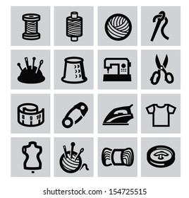 vector black sewing equipment icon set on gray