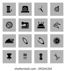 Vector black sewing icon set on grey background
