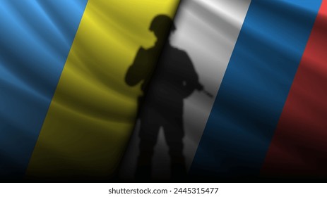 Vector black shadow of an infantry soldier with a automatic rifle on background of wavy flags of Ukraine and Russia. Military political banner.