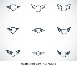 Vector black shield icons set on white background