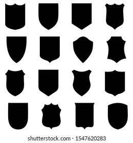 Vector Black Shields Set. 16 shields illustration isolated on white background. Shield sign, symbol or template