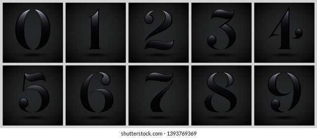 Vector black shiny numbers 0 to 9 on dark background