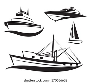 Vector black ship and boat icons set. 