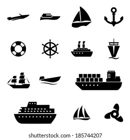 Vector black ship and boat  icons set on white background