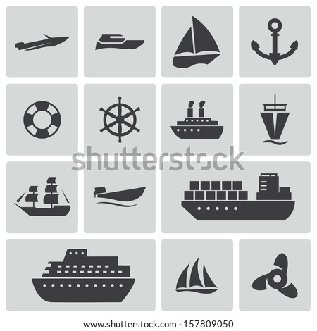 Vector black ship and boat  icons set
