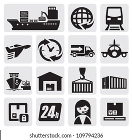 vector black shipping and cargo icons set on gray