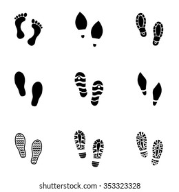 Vector black shoes imprints, footprint icon set. 