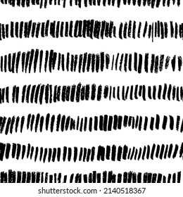 Vector black short lines seamless pattern. Hand drawn tiny brush strokes. Vertical grunge dash stains. Abstract simple geometric background. Memphis style background with small dashes, retro texture