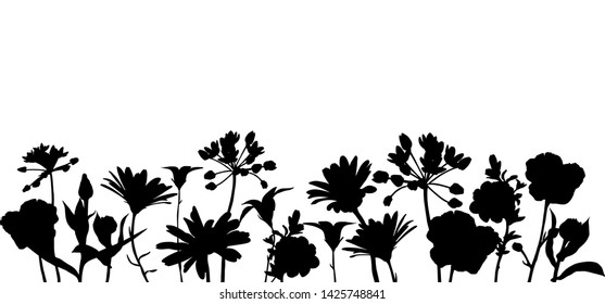 vector black silhoueete of flowers and plants, floral composition, hand drawn illustration