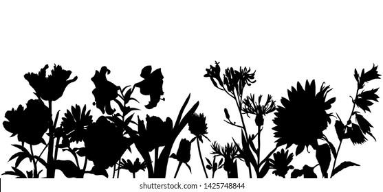 vector black silhoueete of flowers and plants, floral composition, hand drawn illustration