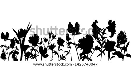 vector black silhoueete of flowers and plants, floral composition, hand drawn illustration