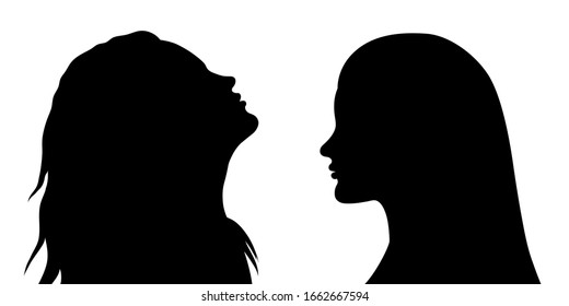 Vector Black Silhouette Of 2 Women Faces In Profile. EPS 10