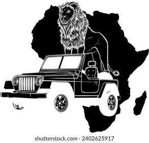 Vector black silhouette of Africa silhouette with lion and jeep.